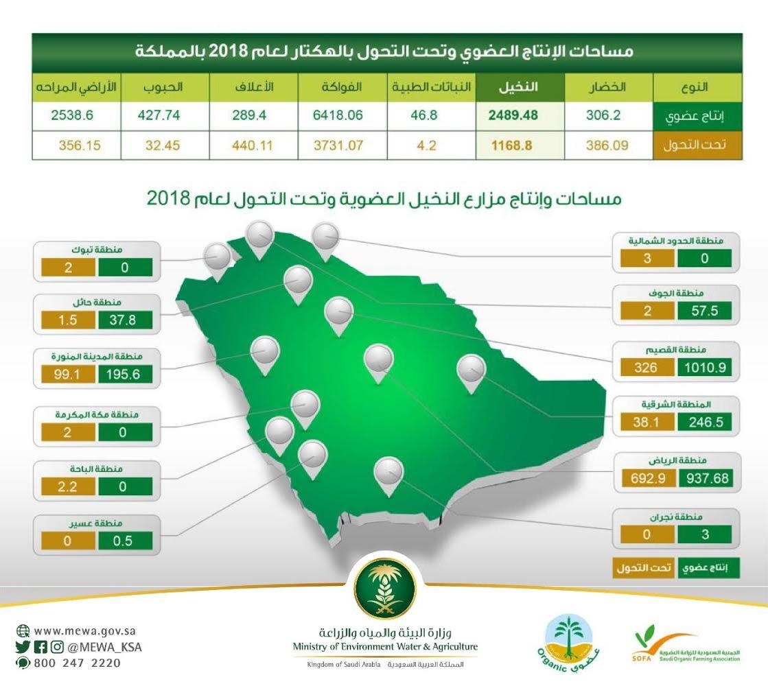 مساحات الإنتاج العضوي وتحت التحول بالهكتار  بالمملكة لعام 2018